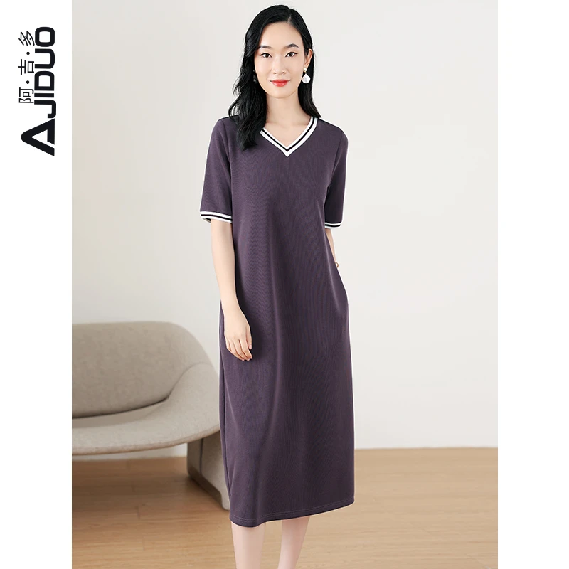 阿吉多紫色短袖连衣裙2025新款女夏季休闲时尚T恤裙松驰感长裙子