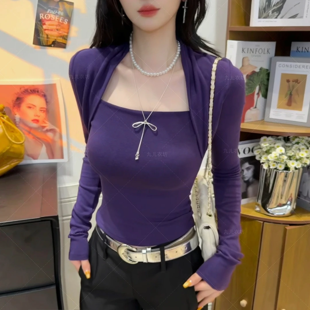 2025新款纯欲甜辣风紧身梯领长袖T恤女秋冬显瘦内搭