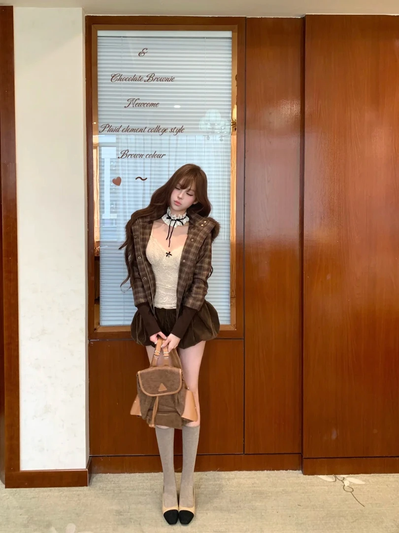 【牛津秋序】高级感收腰复古毛领外套女秋冬新款蕾丝吊带+花苞裙裤