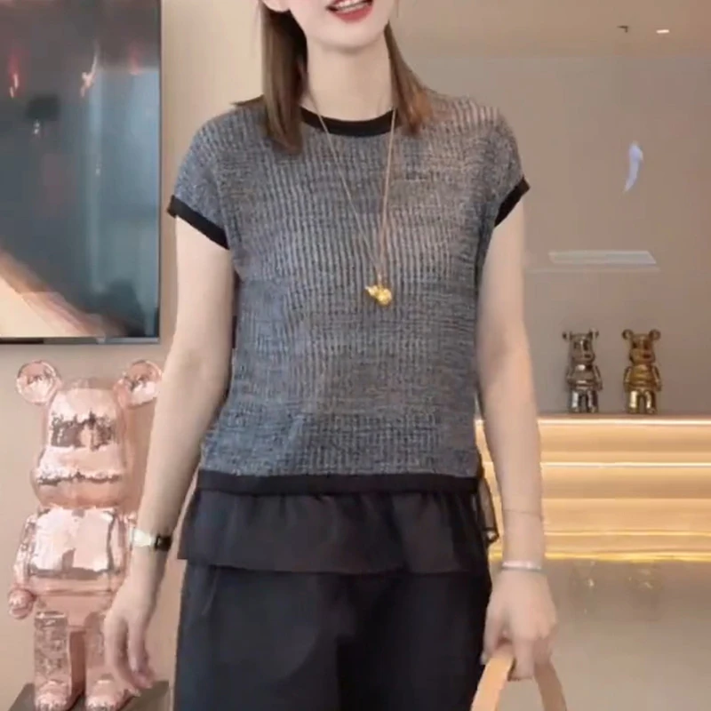 时尚洋气蕾丝拼接短袖针织衫女夏季新款小众设计感拼色显瘦打底衫