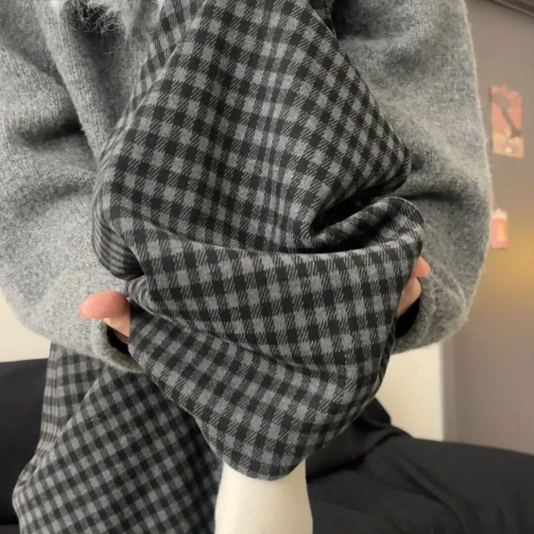 时尚加厚休闲垂顺阔腿长裤复古格子裤韩系复古毛呢格子裤女冬季