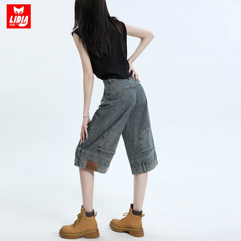 倒装反穿牛仔短裤女夏季薄款设计感宽松显瘦高个子美式过膝六分裤