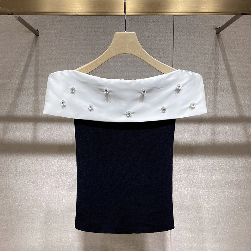 绝美一字肩上衣2025夏新款珠片花朵装饰修身显瘦高级感撞色针织衫