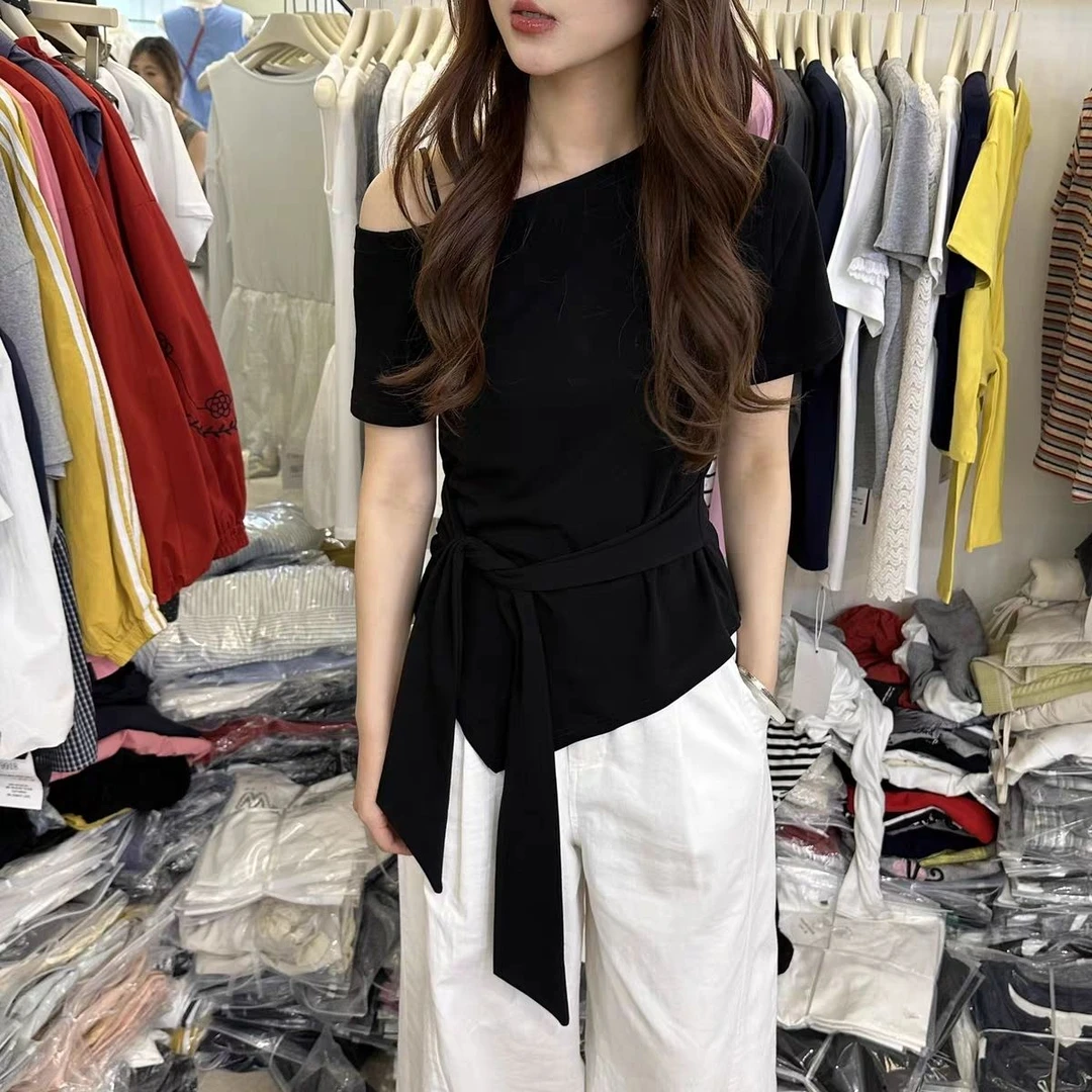 韩系不规则绑带露肩短袖T恤女2025夏季新款设计修身收腰气质上衣