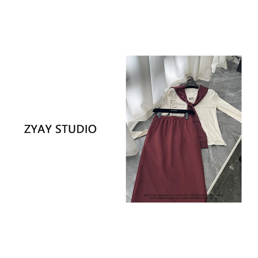 【ZYAY STUDIO】 南油高品质时尚套装假两件长袖T恤半身中长裙女