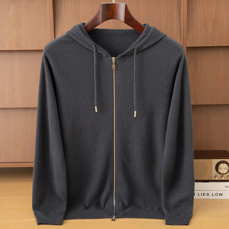 爱马shi同款】男纯山羊绒时尚休闲秋冬长袖衬衫纯色连帽羊绒开衫