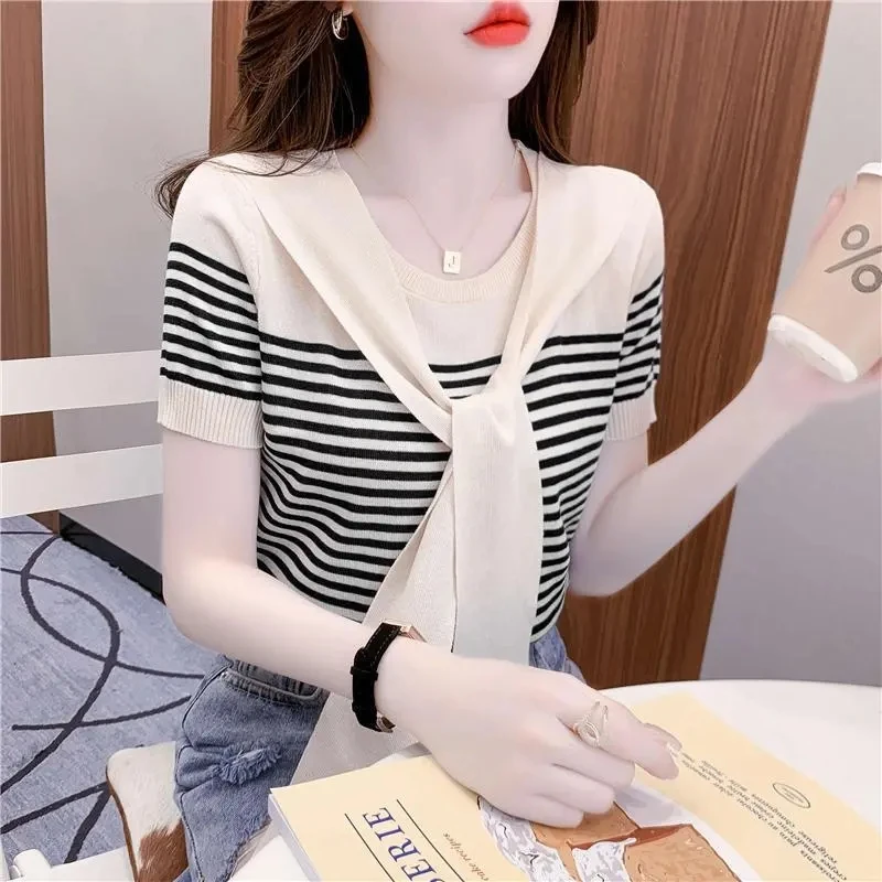 【凉快舒适】假两件冰丝短袖针织衫夏季新款披肩设计时尚条纹上衣