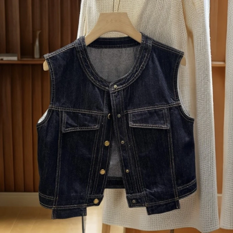 2025早秋新款时尚欧货圆领复古美式牛仔马甲女宽松百搭休闲背心潮