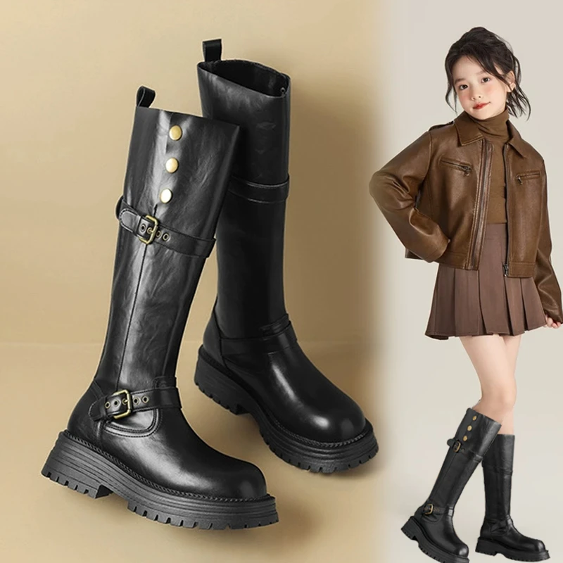 女童高筒靴2025秋冬加绒女孩长筒靴中大童二棉百搭长靴防滑女童靴