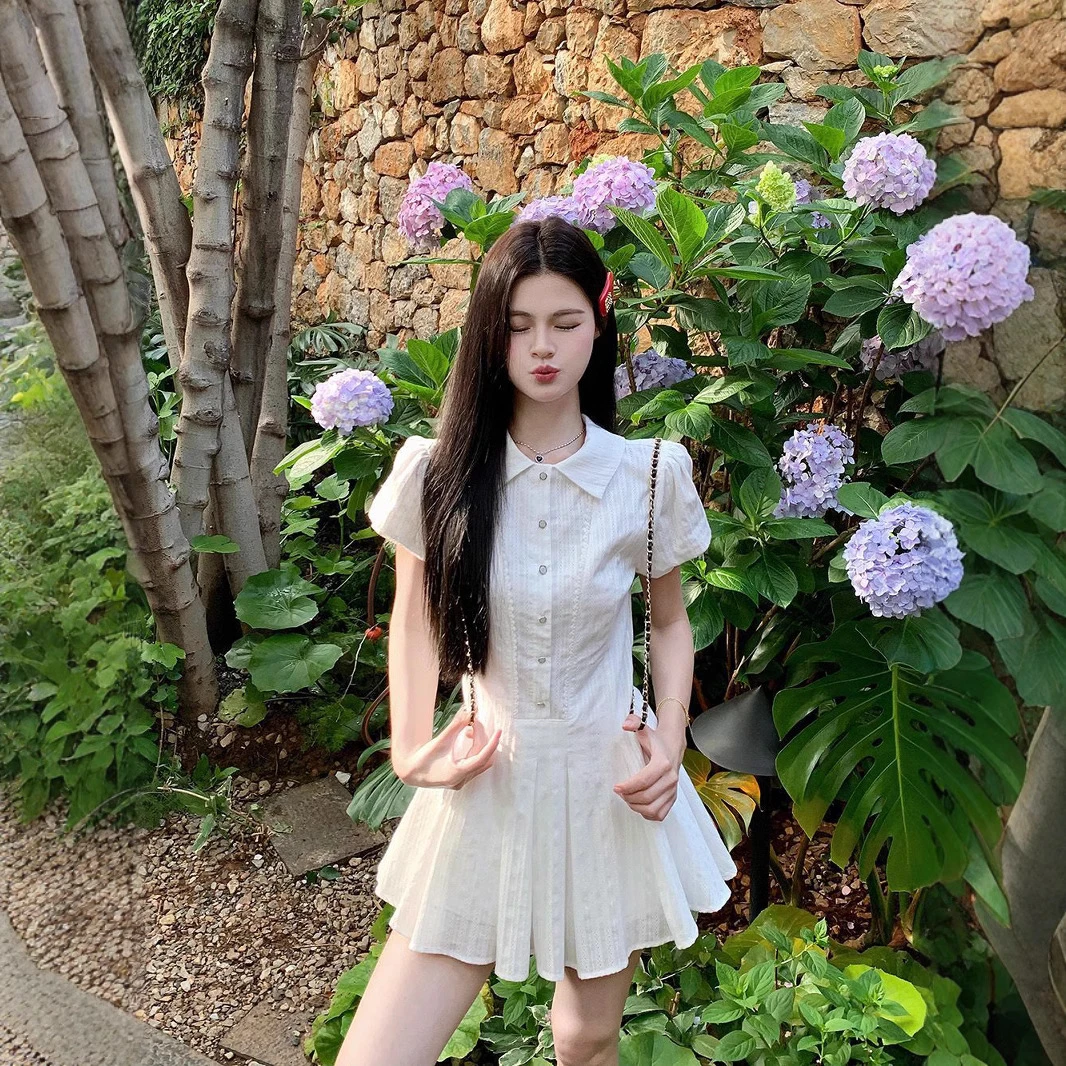 学院风白色短袖衬衫连衣裙女装夏季法式收腰字裙小个子百褶短裙