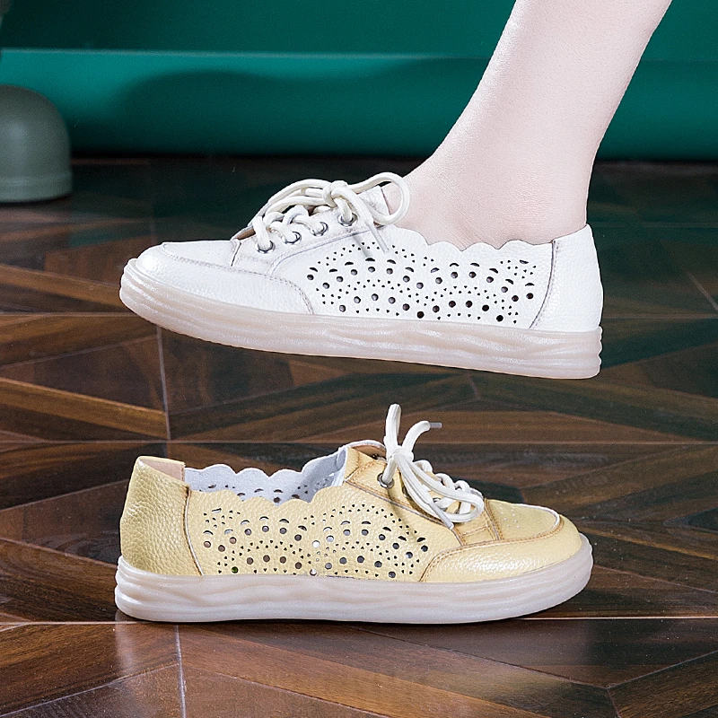 小白鞋女真皮2025夏季新款镂空透气妈妈鞋软底防滑平底休闲女鞋