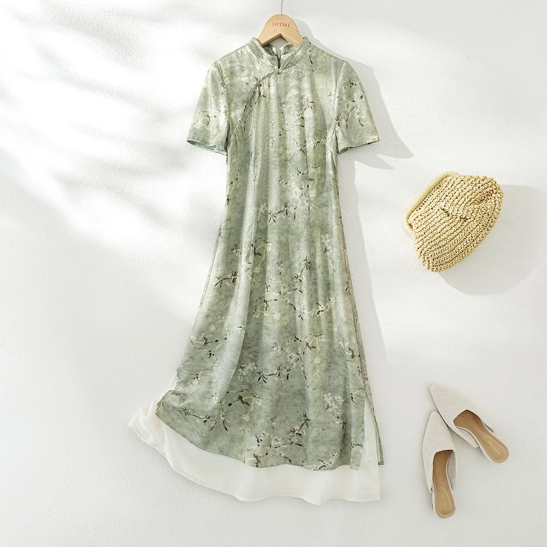 IHIMI/海谧2025夏新款气质复古裙子新中式国风收腰显瘦连衣裙7043
