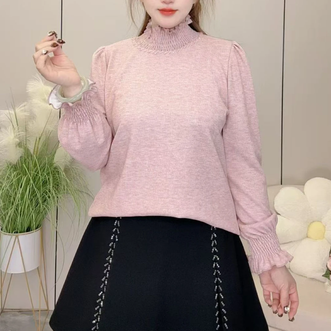 法式立领半高领缝珠珠长袖T恤女大码秋季新款显瘦洋气打底上衣