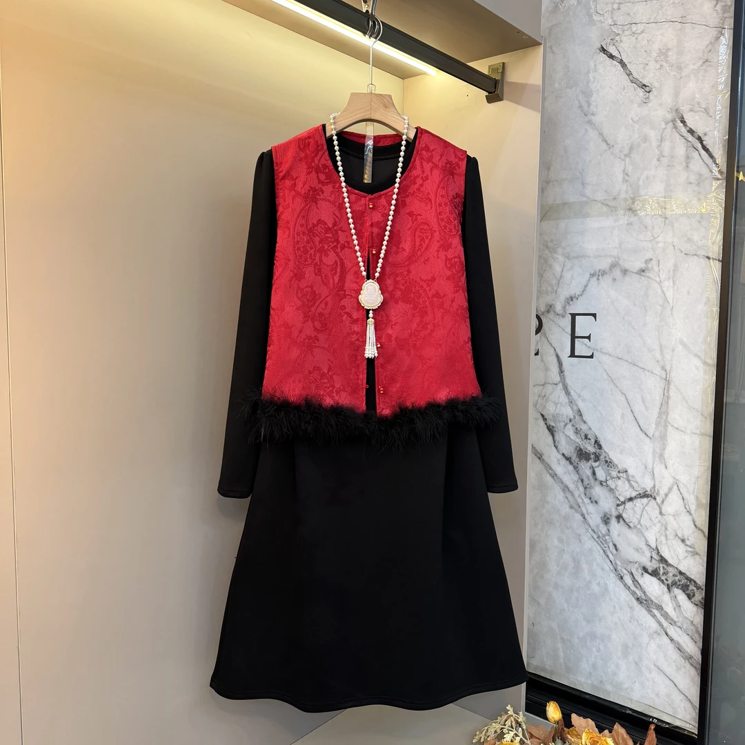 欧货洋气新款内搭裙+马甲毛毛边精致胖妹妹显瘦两件套套装5330