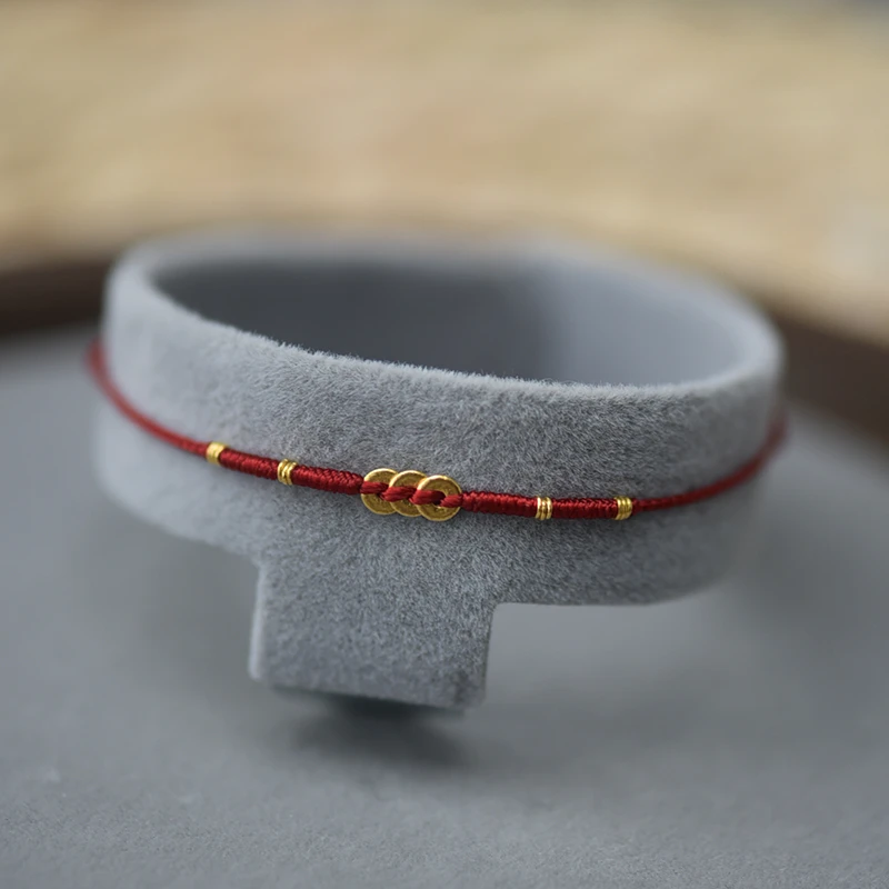 足金999平安扣小金圈本命年纯手工编织好运红绳手链脚链精致简约