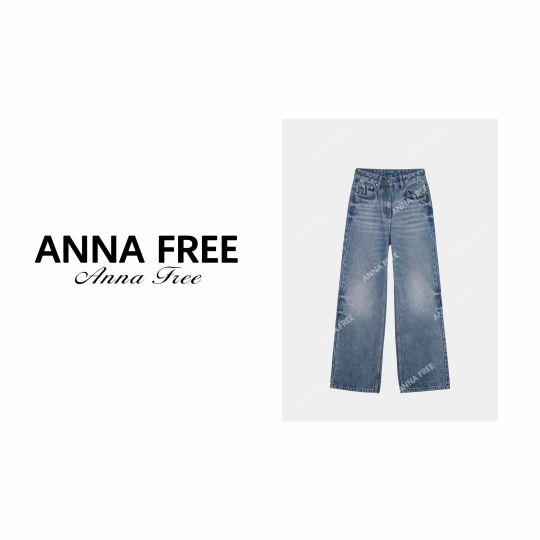 ANNA FREE【黎明之际】美式复古蓝牛仔女夏直筒休闲长裤女24178