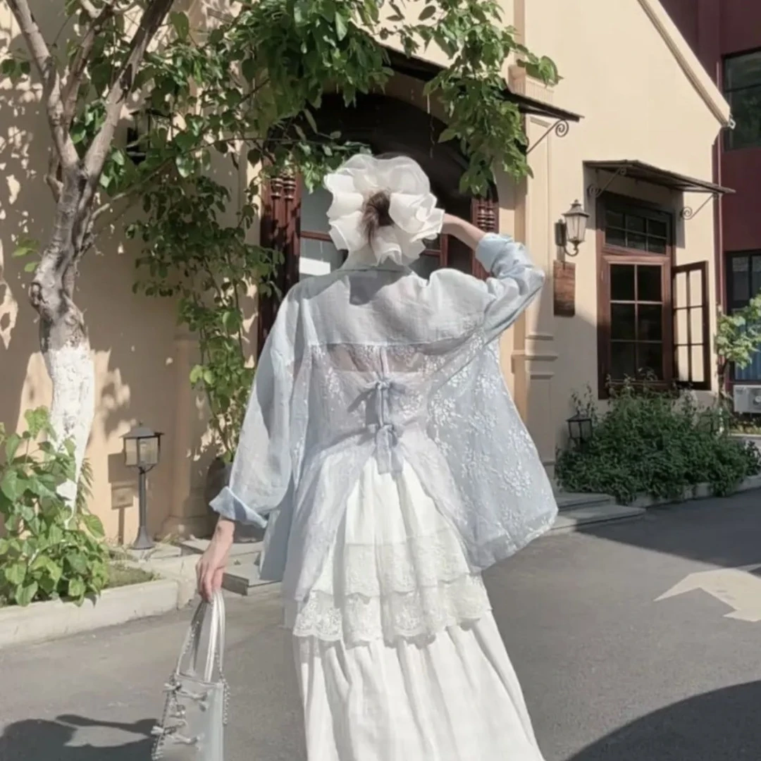 A甜美风蕾丝蝴蝶结白色衬衫女纯欲露背开叉防晒衬衣外套法式上衣