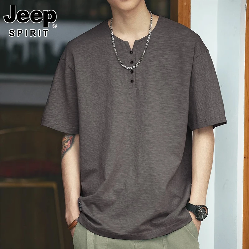 JEEP SPIRIT美式复古竹节短袖T恤男夏季潮牌亨利衫阿美Polo衫男装