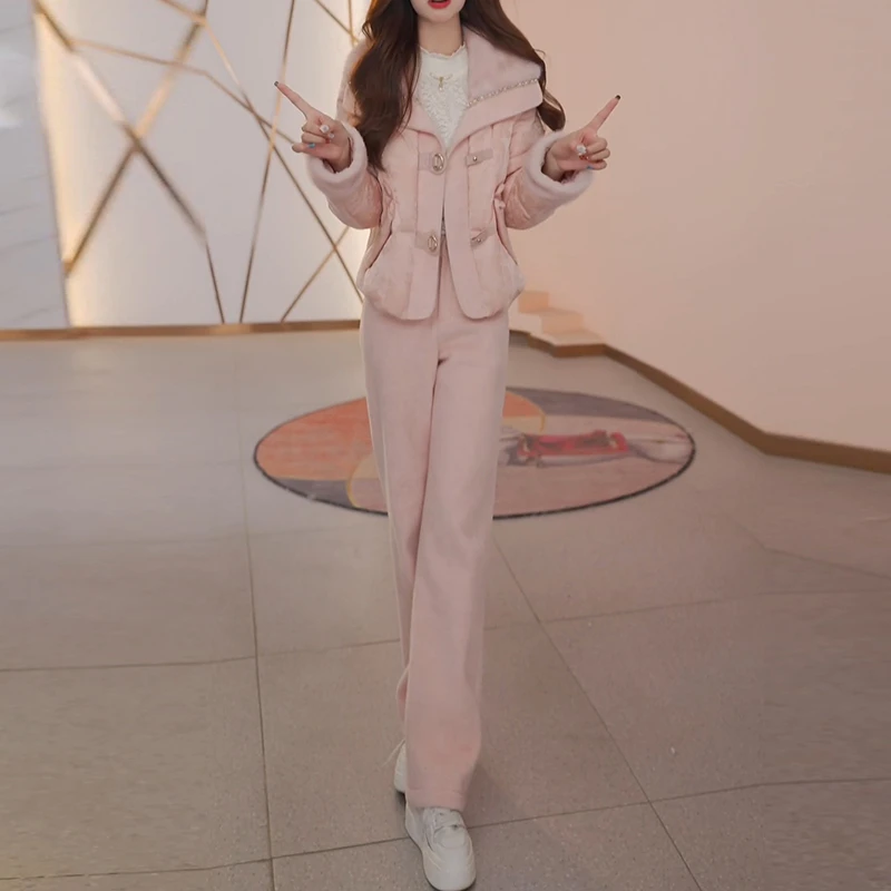 粉色加厚裤子两件套套装女2025冬季新款减龄洋气时尚羽绒服外套女