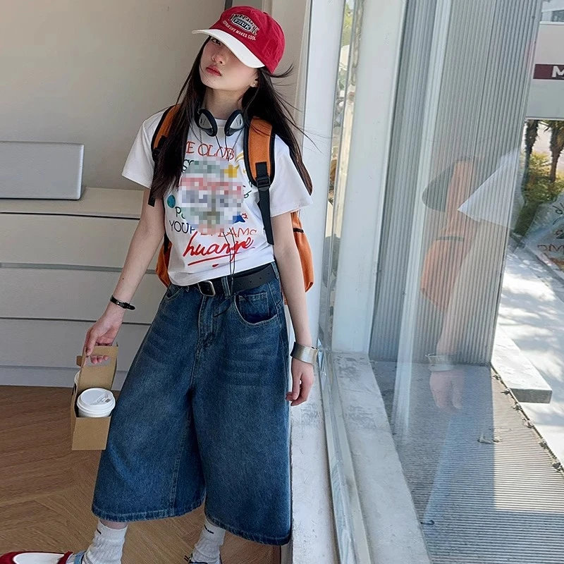 女童套装夏季新款女孩儿童短袖t恤美式复古直筒阔腿七分牛仔短裤。