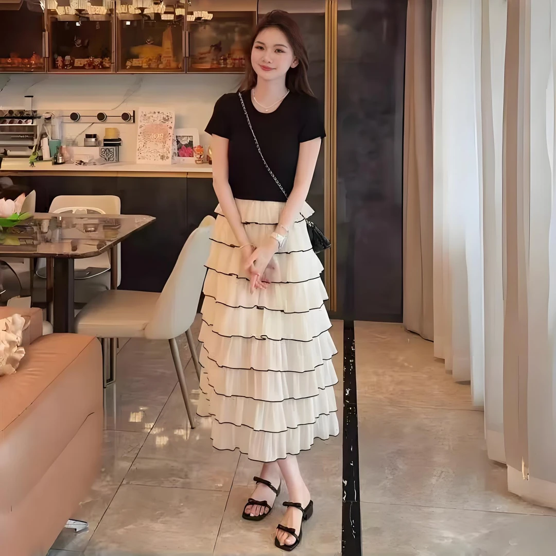 法式小香风精致假两件拼接短袖连衣裙女夏千金名媛气质显瘦蛋糕裙