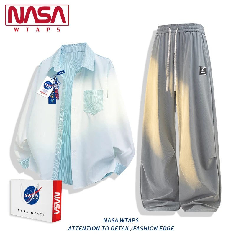 NASA WTAPS撞色拼接竖条纹长袖衬衫套装男士春秋季休闲衬衣两件套