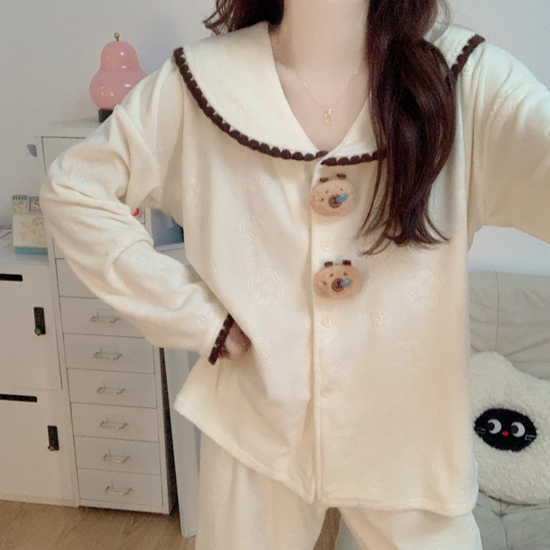 【加厚海岛绒】睡衣女2025新款秋冬季小棕熊珊瑚绒可外穿家居服套装