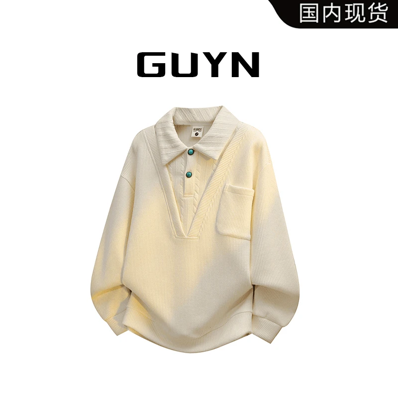 【品牌现货】GUYN美式复古POLO领卫衣秋季宽松翻领长袖春秋打底衫
