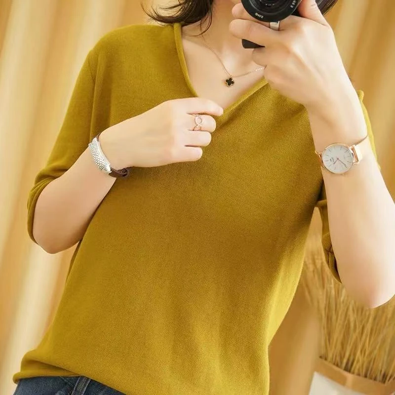 棉针织衫短袖女V领护颈女体恤假帽中袖五分袖