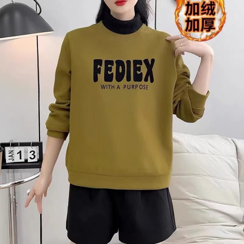 N7418冬季新款字母高领套头加绒加厚卫衣2024百搭时尚休闲宽松