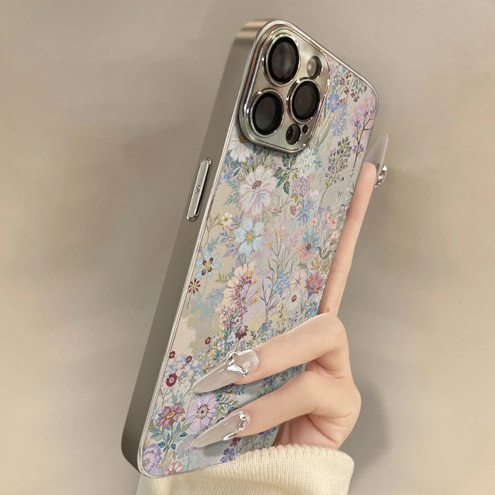满屏花卉适用苹果16promax手机壳简约iphone16pro保护套15pro电镀
