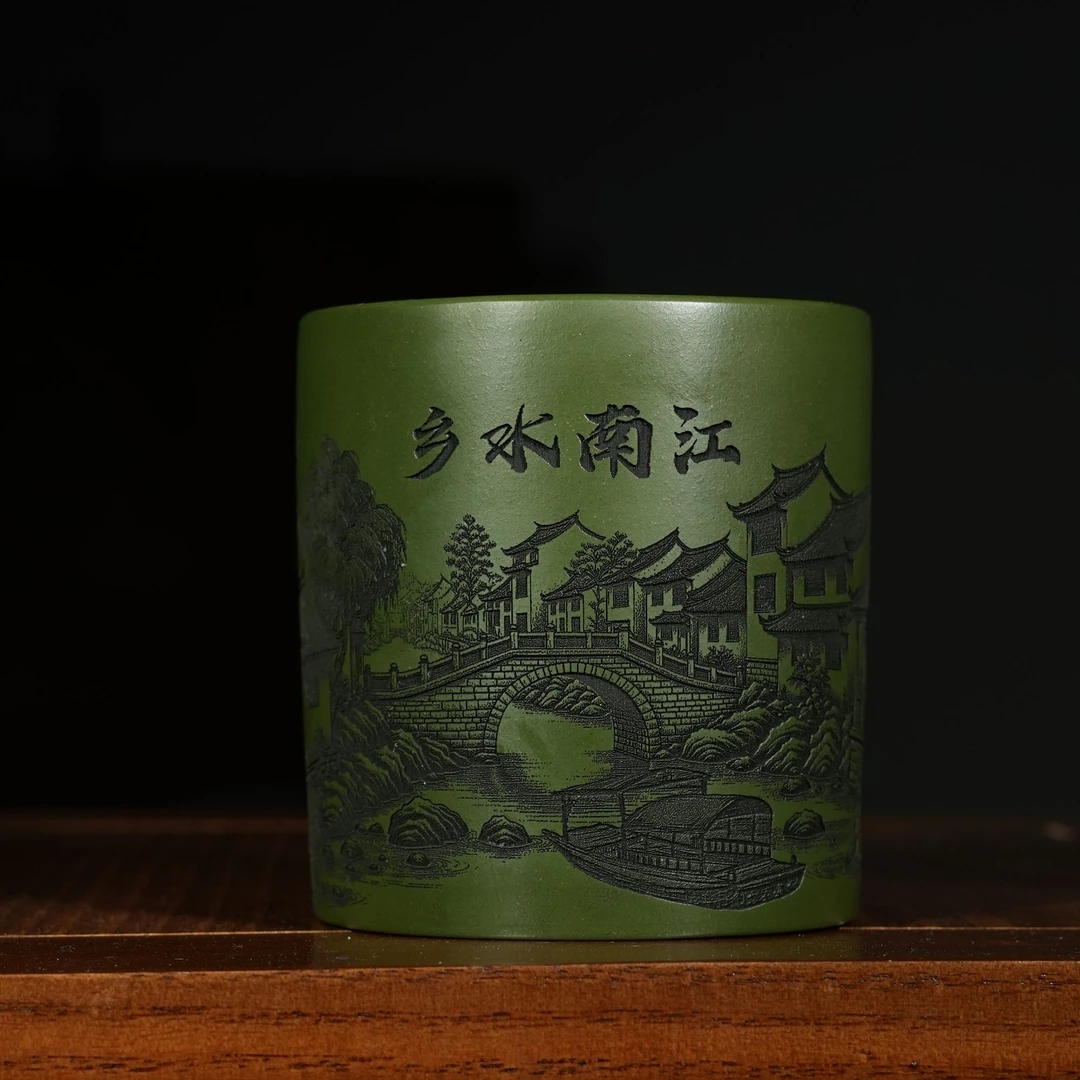 宜兴原矿绿泥刻绘刻绘江南水乡紫砂手工主人杯容量220CC