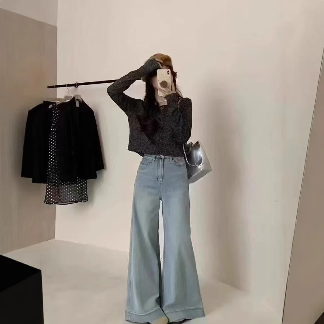 高腰显瘦牛仔阔腿裤宽松拖地微喇设计复古蓝春季新款