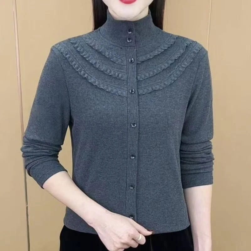 YT秋季女士双面德荣高领花边加厚长袖修身春秋