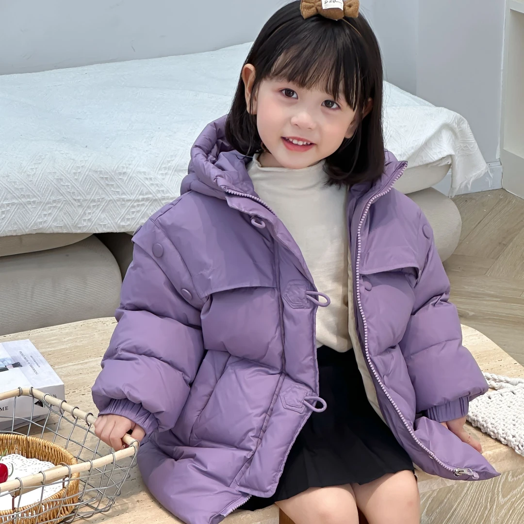 冬季女童纯色连帽小圆扣绒服外套6820