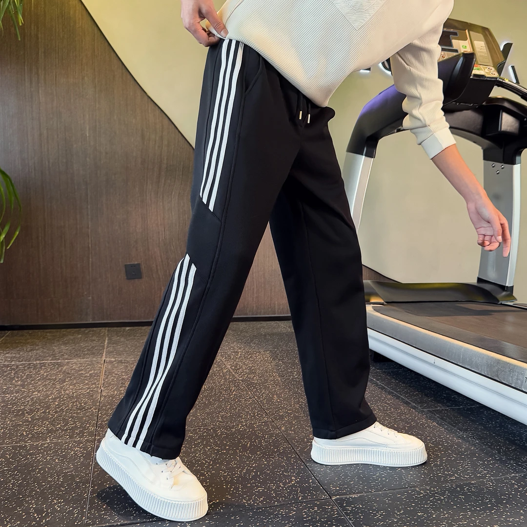 条纹弯刀卫裤男士春秋款直筒宽松阔腿休闲运动男装潮牌痞帅长裤子