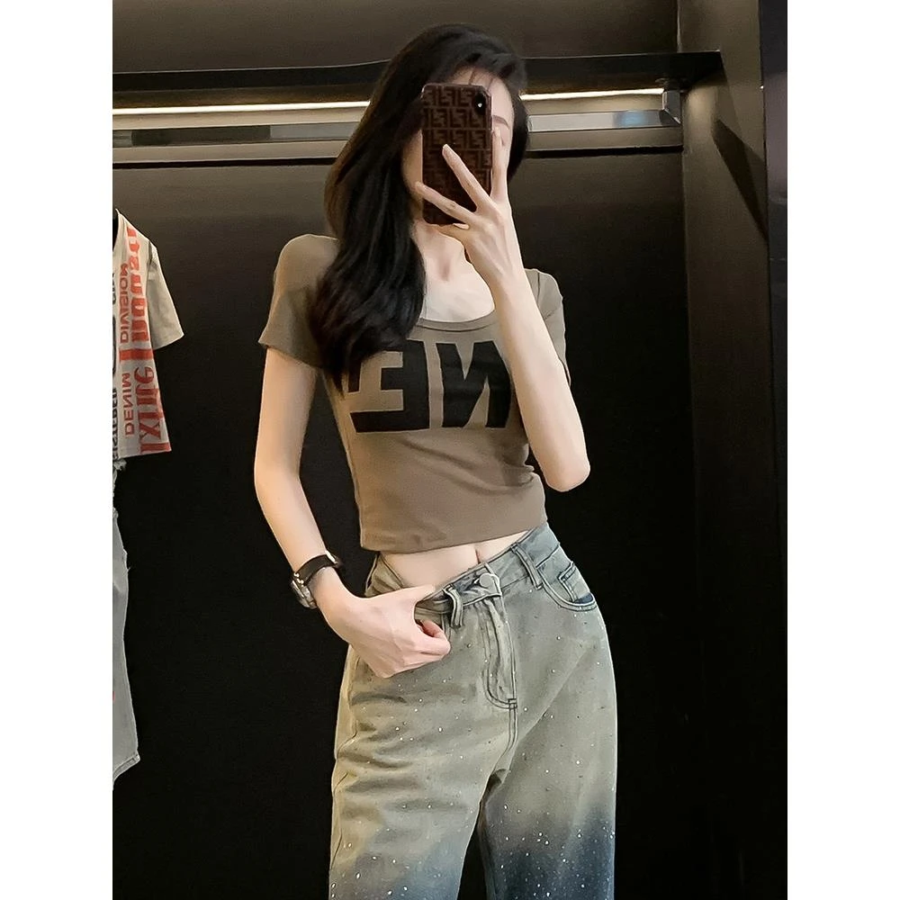 紧身短款低领t恤女短袖夏季新款高腰修身显瘦辣妹露脐半袖衫上衣