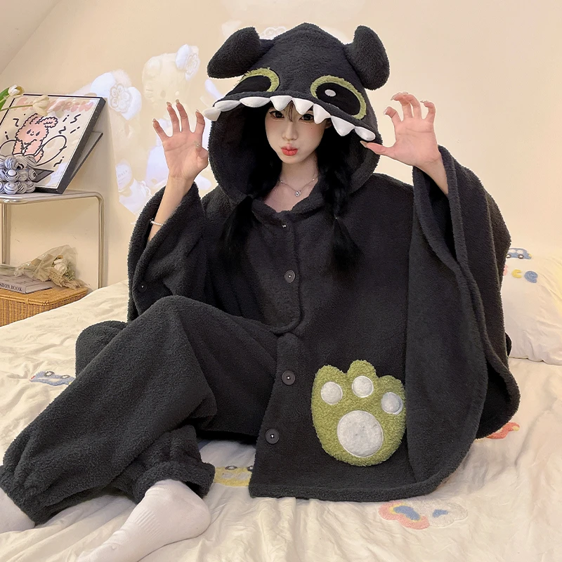 冬季睡衣女珊瑚绒斗篷连帽保暖套装少女加绒加厚半边绒卡通家居服