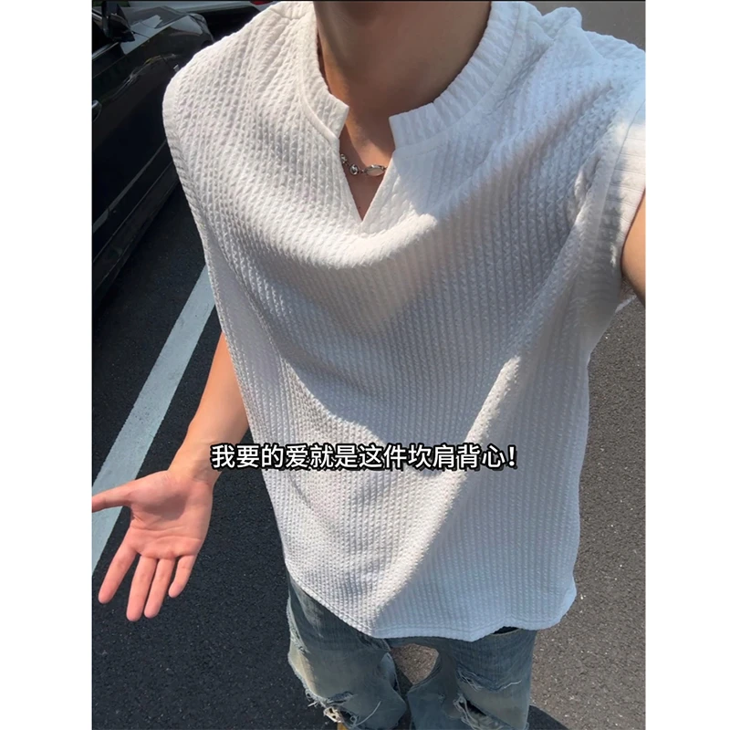 美式凉感V领褶皱背心男款夏季薄款小袖口无袖T恤小领口运动汗衫
