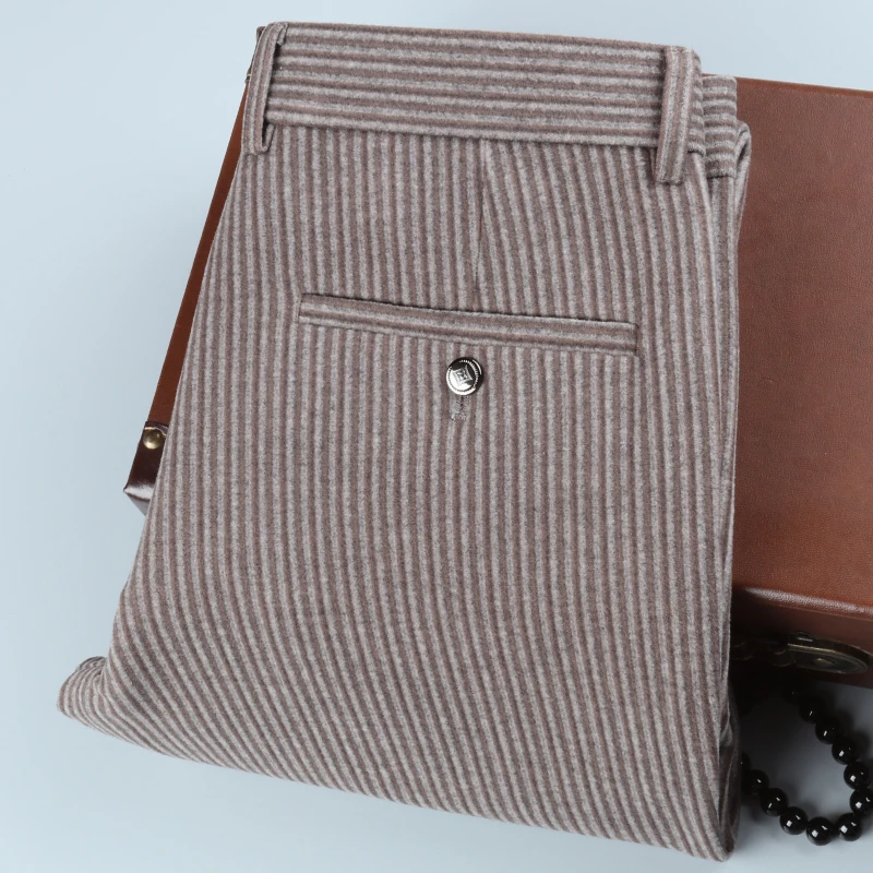 晴旭高级感条纹西装裤男冬季厚款毛呢直筒弹力2025新款男士休闲裤