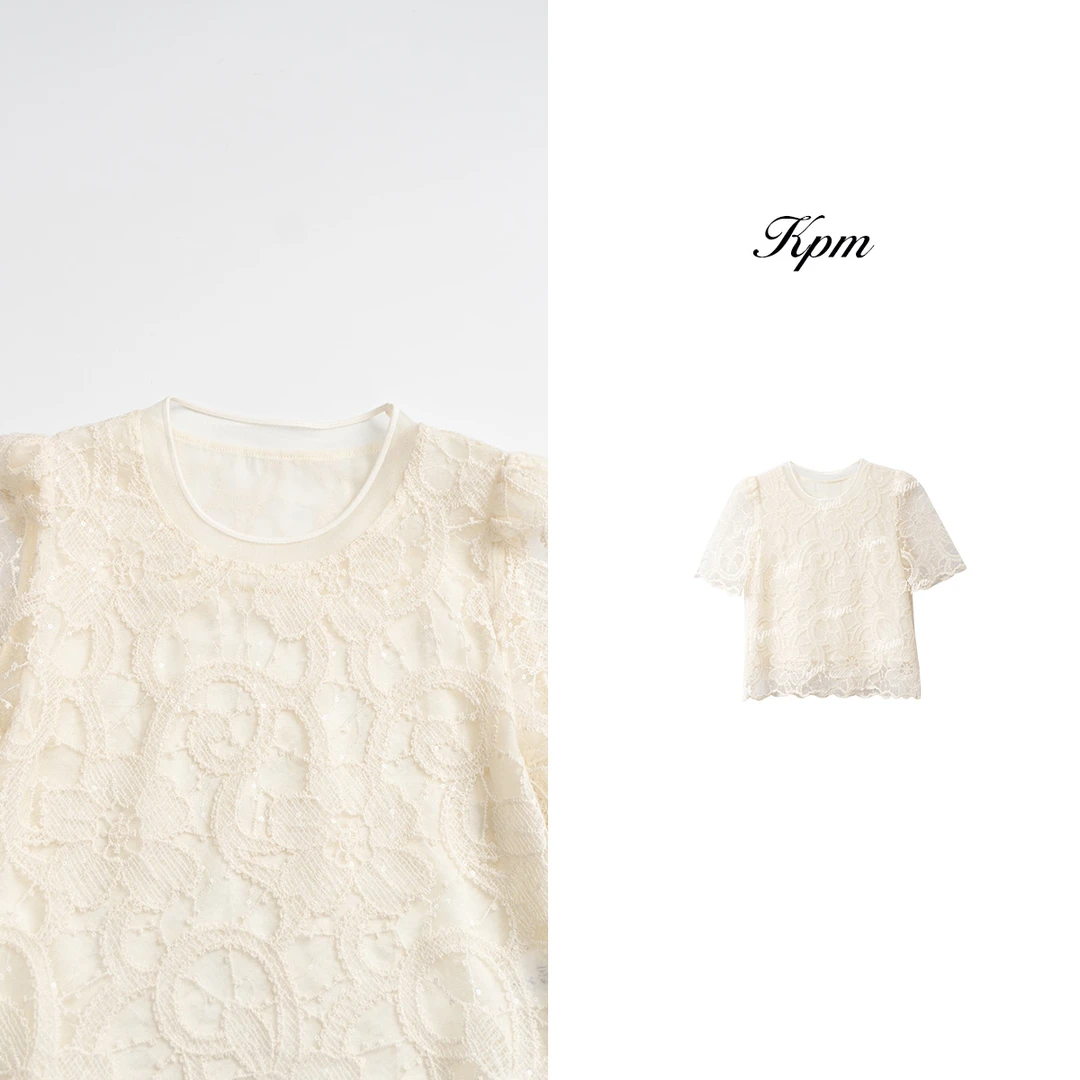 2025夏季新品设计感时尚气质刺绣提花镂空圆领短袖T恤女JN7881