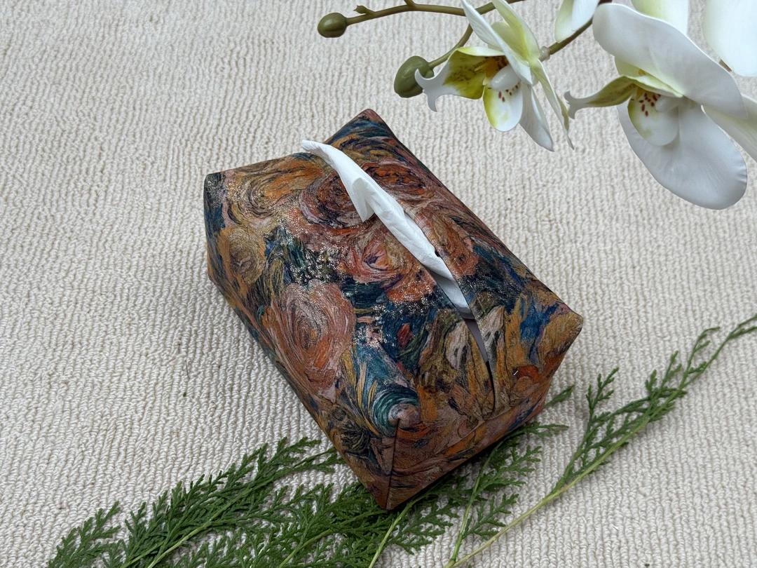 莫奈客厅油画抽象蔷薇烫金绒布内里硬衬抽纸盒纸巾盒复古家用纸抽