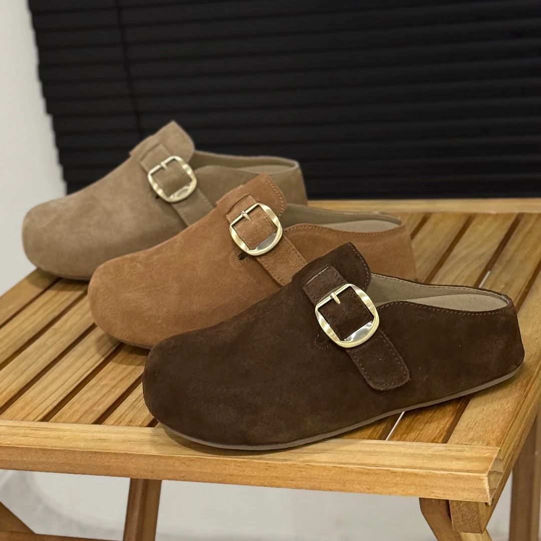 复古勃肯鞋女2025秋季新款磨砂皮金属扣包头半拖鞋舒适软底穆勒鞋