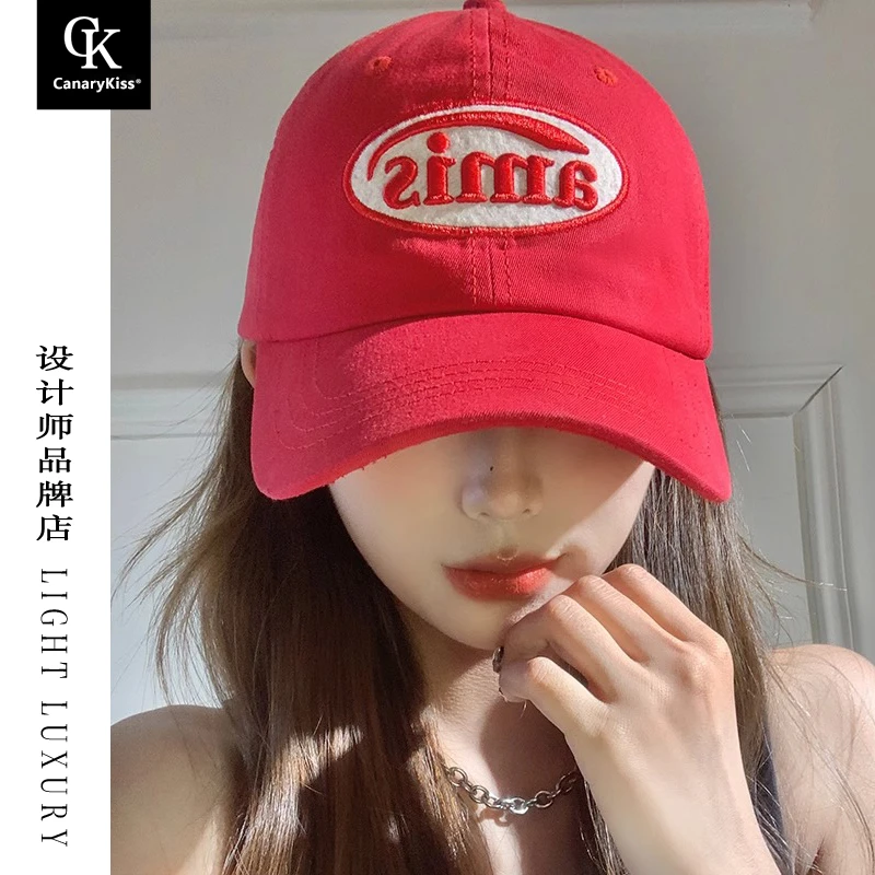 Canary Kiss韩国ins红色显白棒球帽女秋宽帽檐大脸显脸小鸭舌帽子