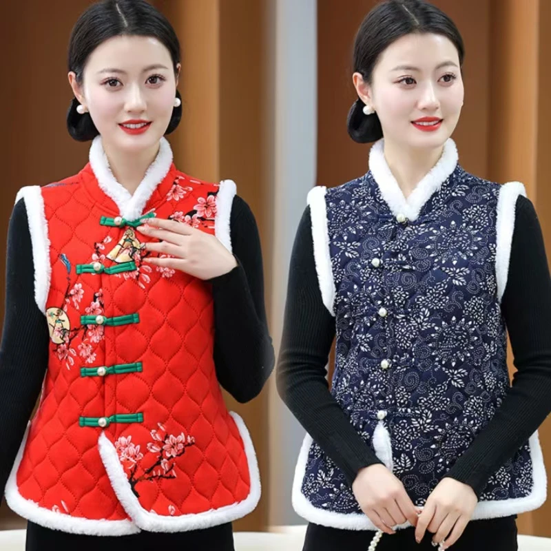 加绒保暖网红百搭马甲女复古民族风花棉袄洋气妈妈装坎肩马夹外套