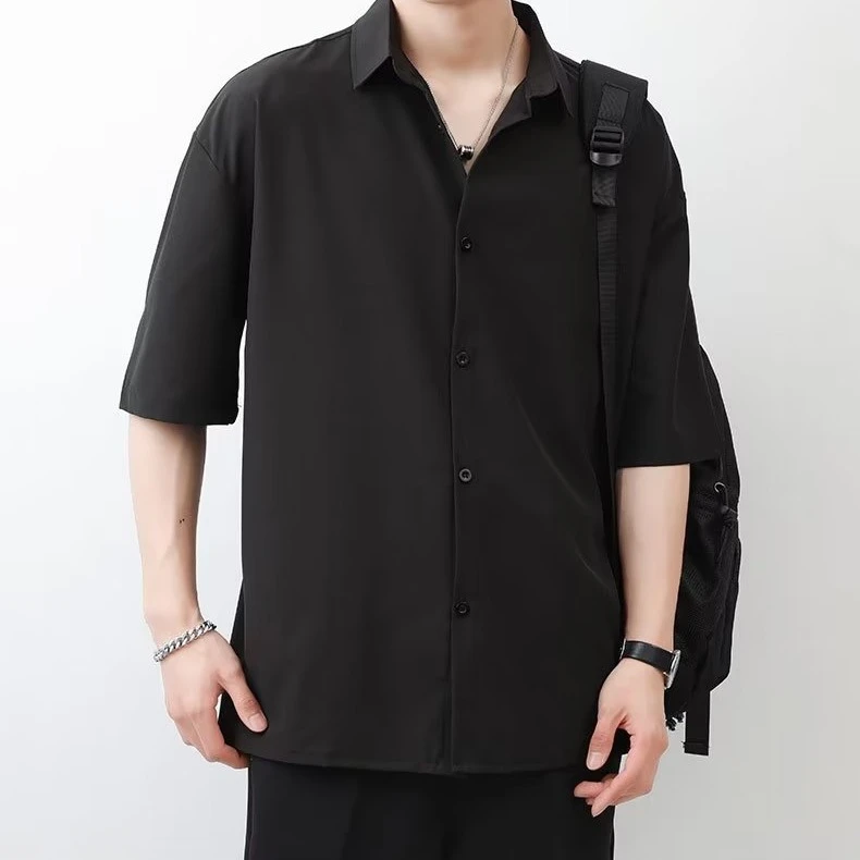 爆款免烫短袖衬衫男士薄款潮流宽松垂感高级感休闲五分衬衣服