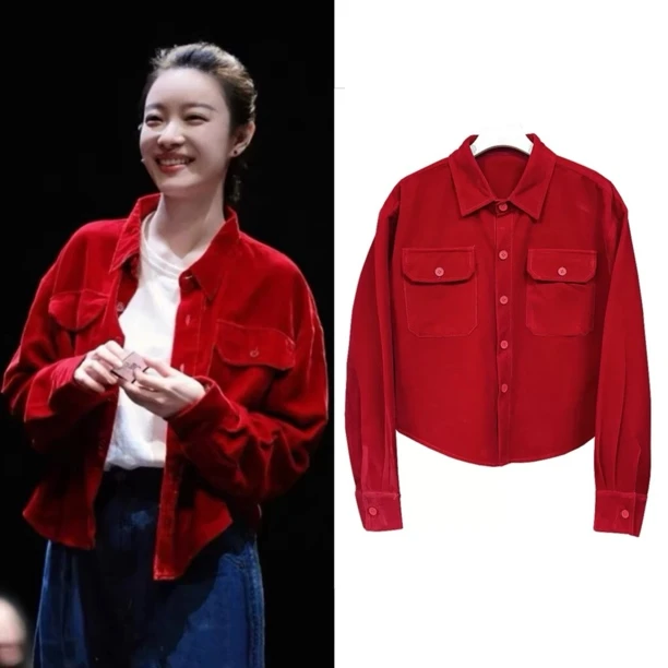 倪妮明星同款红色本命年穿丝绒长袖衬衫外套复古休闲衬衣夹克上衣