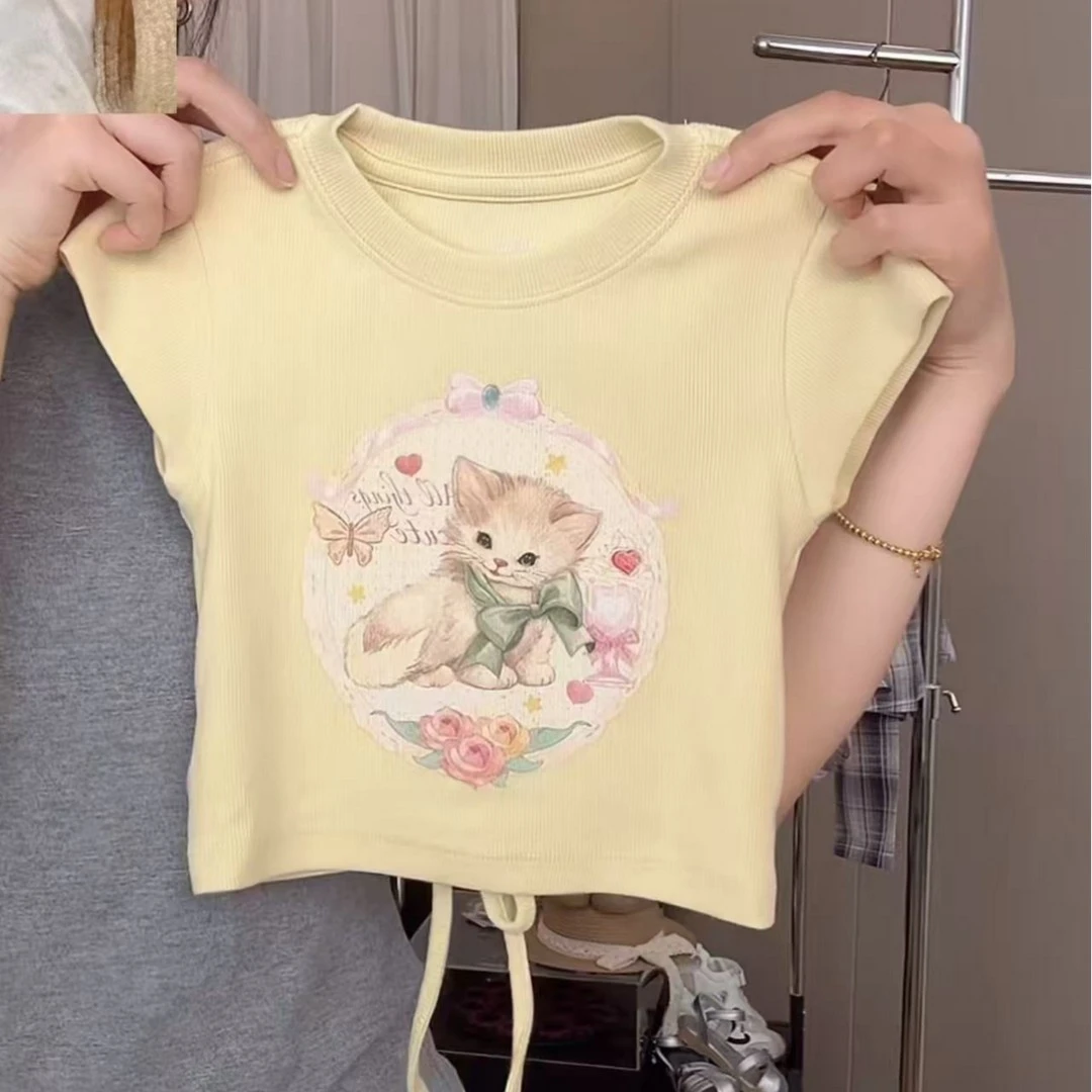 2025女童新款夏季短袖卡通时尚修身短袖女童潮印花上衣