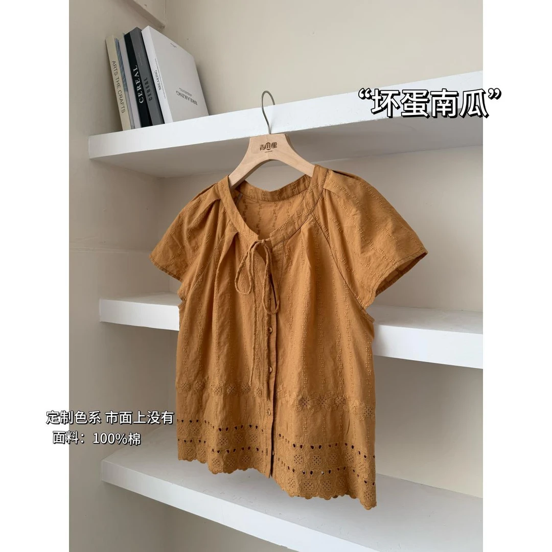 P0316-“坏蛋南瓜”韩系少女百搭圆领系带飞袖镂空刺绣衬衫女上衣