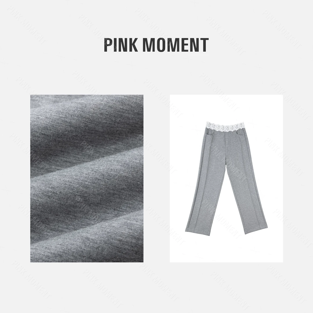 PM王囡囡 灰色腰头蕾丝花边拼接休闲裤 ND1A0296